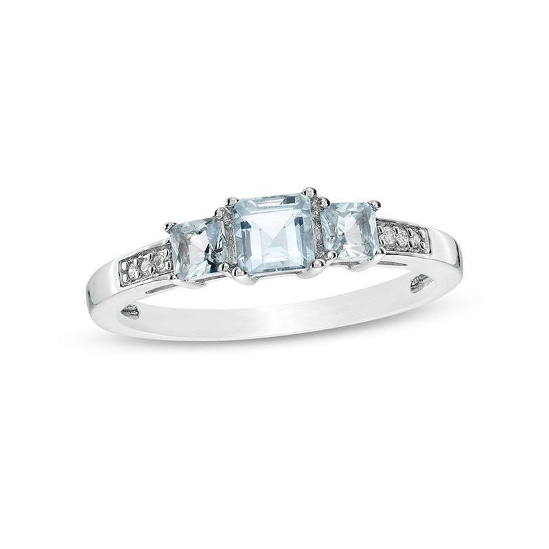 Previously Owned - Princess-Cut Aquamarine and Diamond Accent Three Stone Ring in 10K White Gold