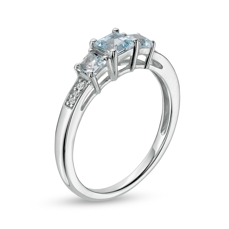 Previously Owned - Princess-Cut Aquamarine and Diamond Accent Three Stone Ring in 10K White Gold