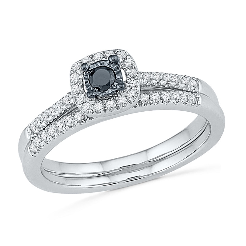 Previously Owned - 0.30 CT. T.W.  Black and White Diamond Frame Bridal Set in 10K White Gold