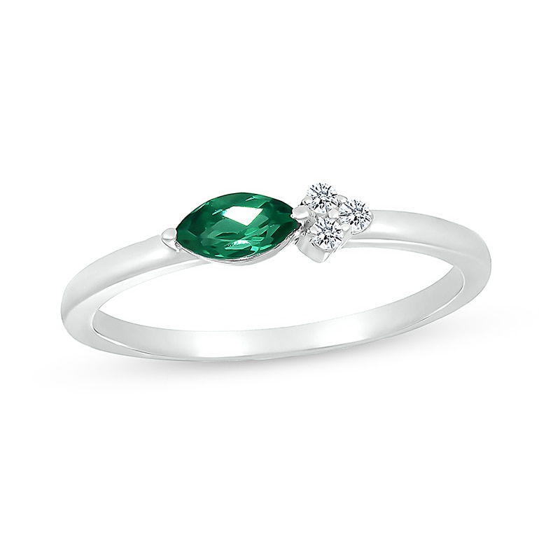 Previously Owned - Sideways Marquise Lab-Created Emerald and White Sapphire Trio Side Accent Ring in Sterling Silver