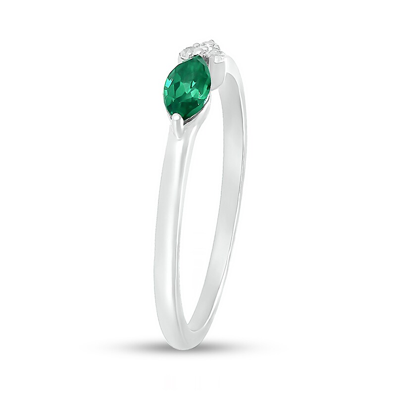 Previously Owned - Sideways Marquise Lab-Created Emerald and White Sapphire Trio Side Accent Ring in Sterling Silver