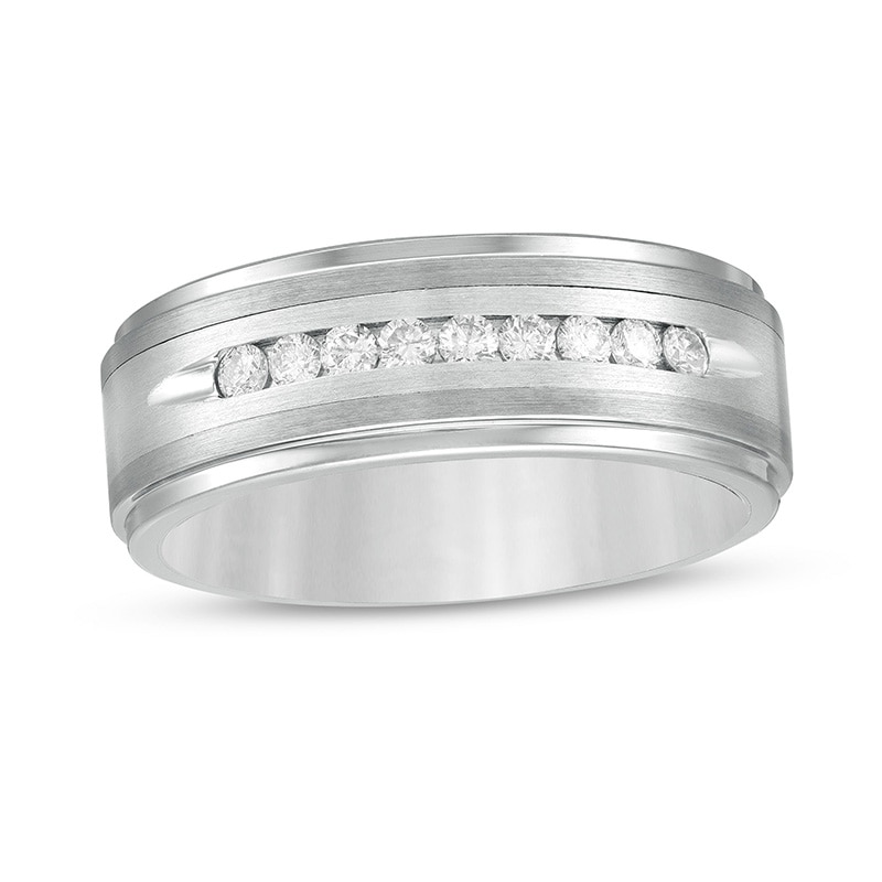 Previously Owned - Men's 0.24 CT. T.W. Diamond Stepped Edge Comfort-Fit Wedding Band in Stainless Steel and Tungsten
