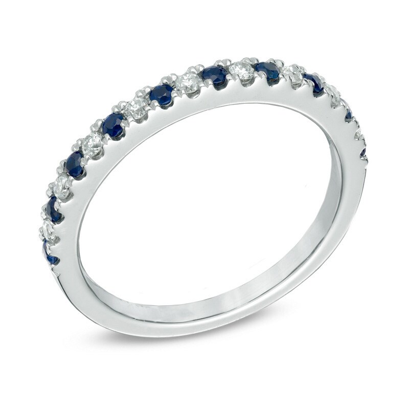 Main Image 2 of Previously Owned Vera Wang Love Collection 0.14 CT. T.W. Diamond and Blue Sapphire Band in 14K White Gold