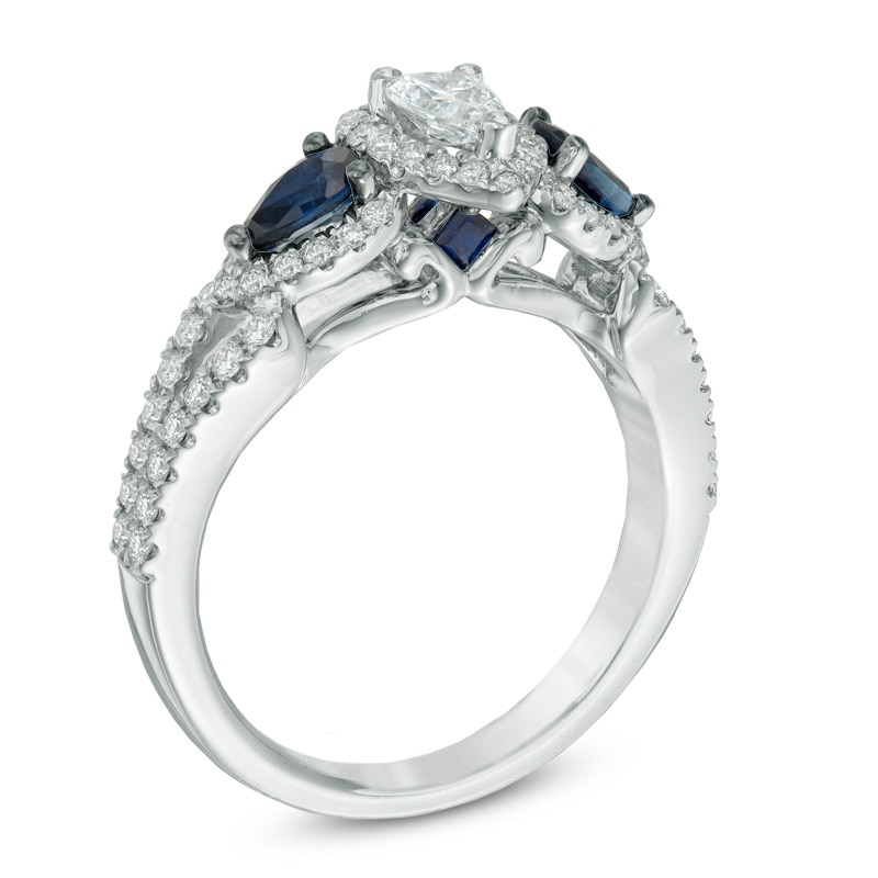 Main Image 2 of Previously Owned Vera Wang Love Collection 0.70 CT. T.W. Pear-Shaped Diamond and Blue Sapphire Ring in 14K White Gold