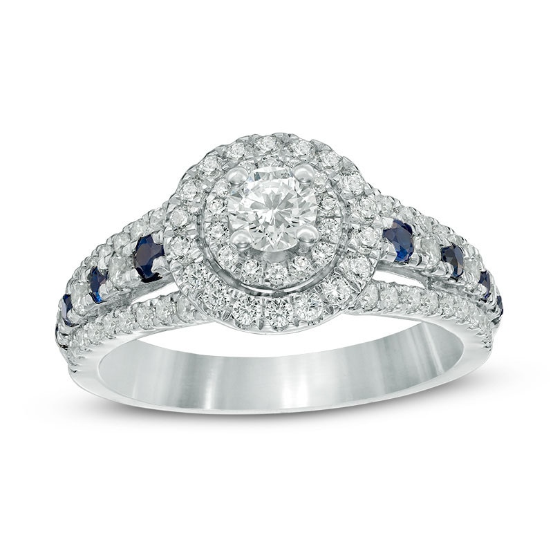 Previously Owned - Vera Wang Love Collection 0.80 CT. T.W. Diamond and Blue Sapphire Double Frame Ring in 14K White Gold|Peoples Jewellers