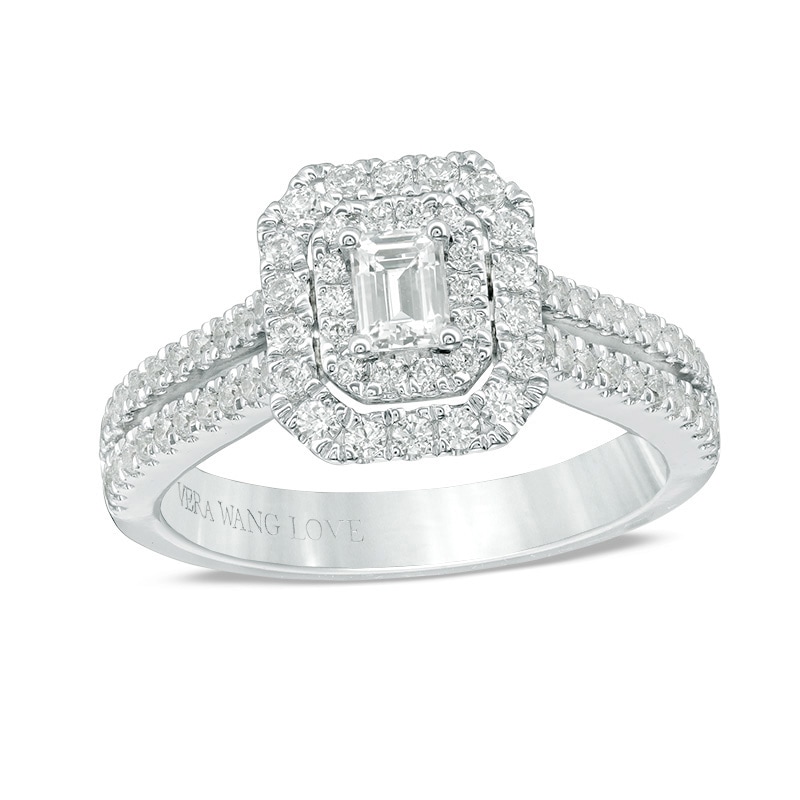 Previously Owned Vera Wang Love Collection 0.95 CT. T.W. Emerald-Cut Diamond Frame Engagement Ring in 14K White Gold