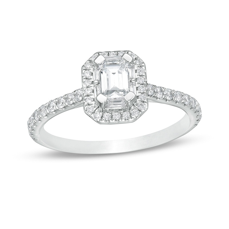 Main Image 1 of Previously Owned 0.70 CT. T.W. Emerald-Cut Diamond Octagonal Frame Engagement Ring in 14K White Gold