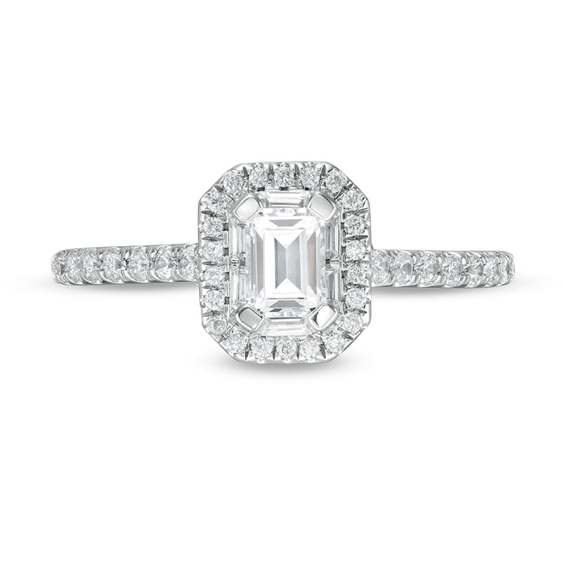 Main Image 4 of Previously Owned 0.70 CT. T.W. Emerald-Cut Diamond Octagonal Frame Engagement Ring in 14K White Gold