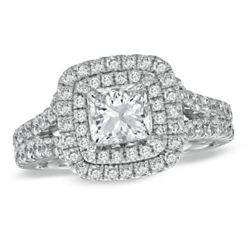 Previously Owned Vera Wang Love Collection 2.20 CT. T.W. Princess-Cut Diamond Split Engagement Ring in 14K White Gold