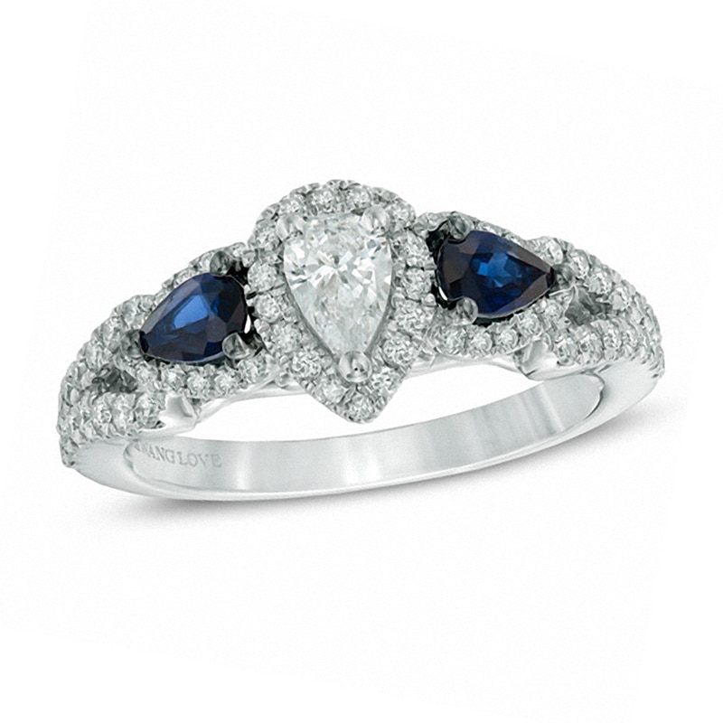 Previously Owned - Vera Wang Love Collection 0.70 CT. T.W. Pear-Shaped Diamond and Blue Sapphire Frame Ring in 14K White Gold