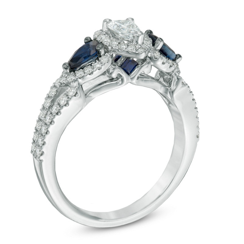 Previously Owned - Vera Wang Love Collection 0.70 CT. T.W. Pear-Shaped Diamond and Blue Sapphire Frame Ring in 14K White Gold