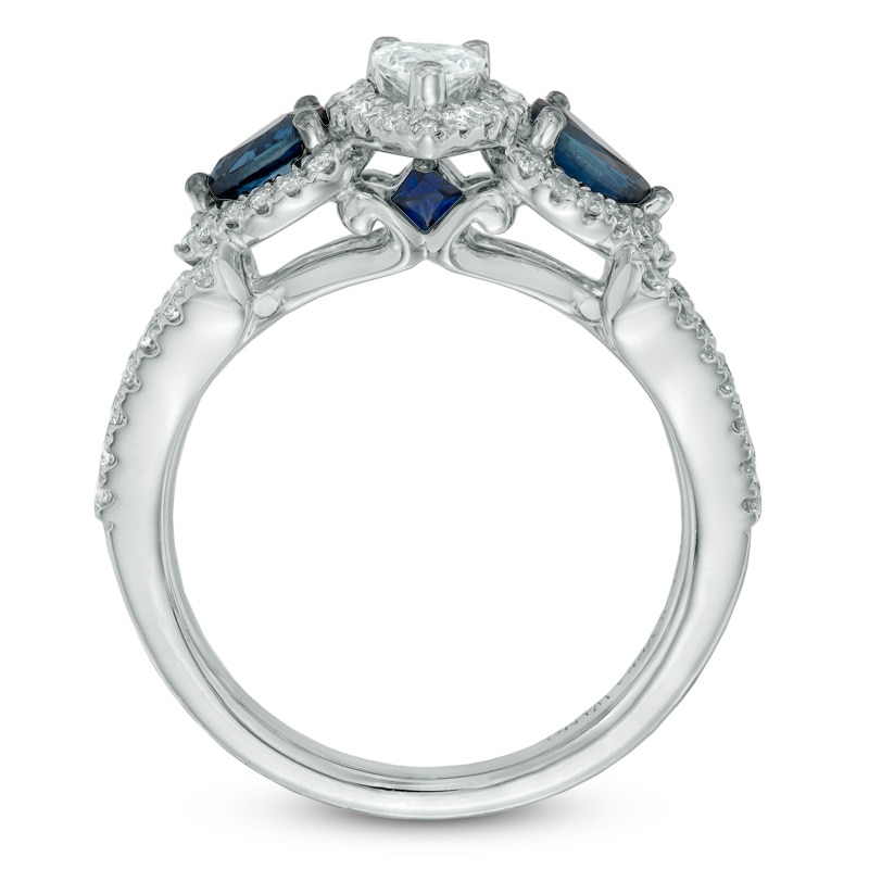 Previously Owned - Vera Wang Love Collection 0.70 CT. T.W. Pear-Shaped Diamond and Blue Sapphire Frame Ring in 14K White Gold