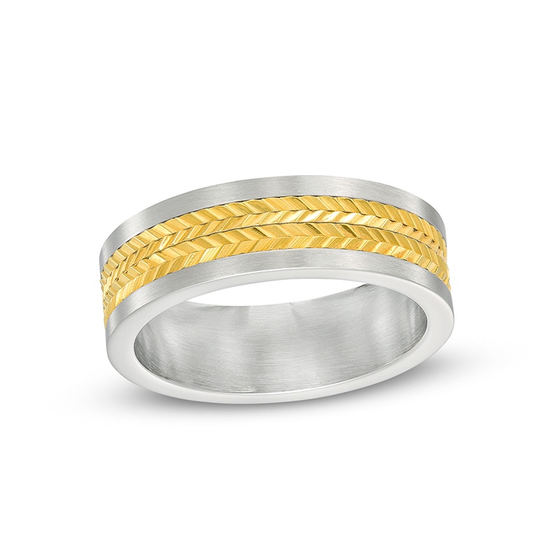 Previously Owned Men's 7.0mm Double Row Chevron Inlay Wedding Band in Stainless Steel and Yellow Ion-Plate - Size 10
