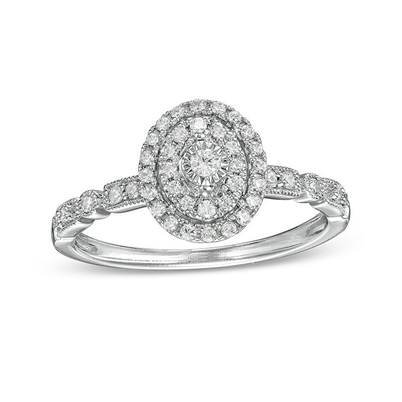 Main Image 1 of Previously Owned - 0.25 CT. T.W. Diamond Double Oval-Shaped Frame Vintage-Style Engagement Ring in 10K White Gold