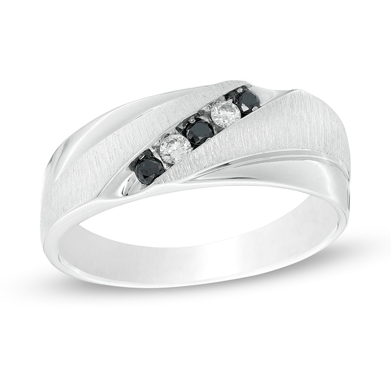 Previously Owned Men's 0.18 CT. T.W. Black and White Diamond Slant Five Stone Anniversary Band in Sterling Silver