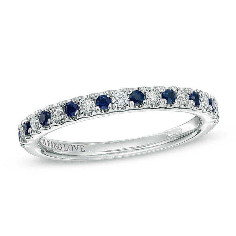 Main Image 1 of Previously Owned - Vera Wang Love Collection 0.12 CT. T.W. Diamond and Blue Sapphire Band in 14K White Gold