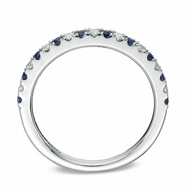 Main Image 3 of Previously Owned - Vera Wang Love Collection 0.12 CT. T.W. Diamond and Blue Sapphire Band in 14K White Gold