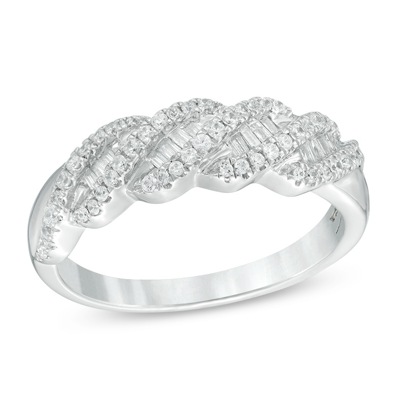 Previously Owned - 0.38 CT. T.W. Baguette and Round Diamond Wave Anniversary Band in 10K White Gold