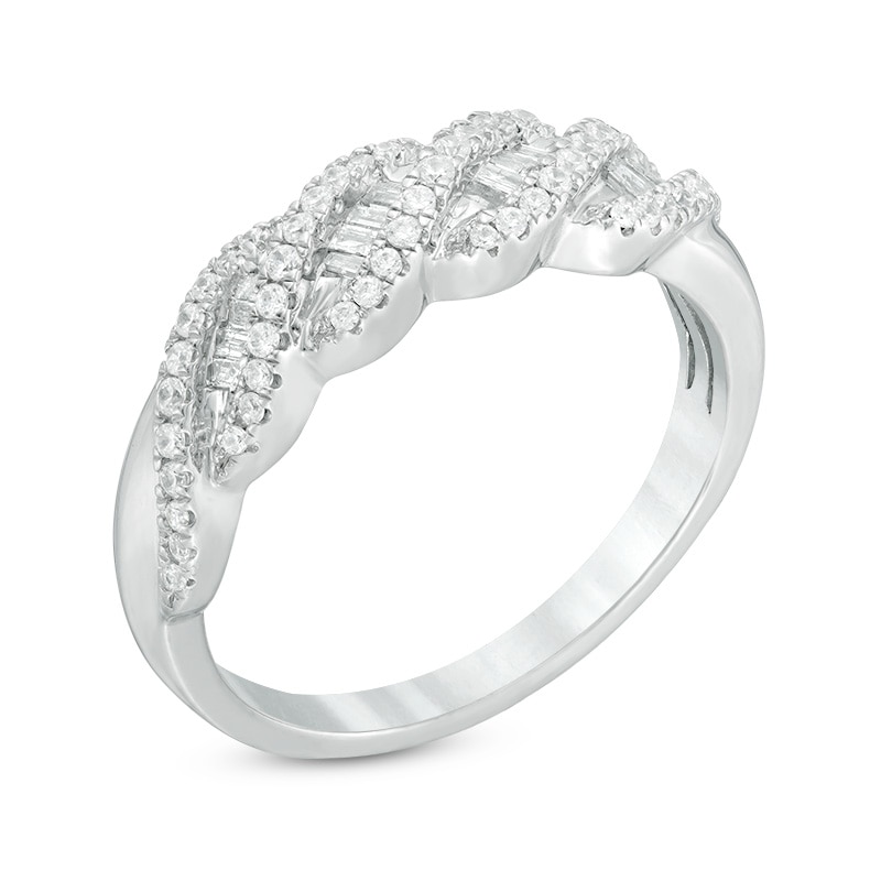 Previously Owned - 0.38 CT. T.W. Baguette and Round Diamond Wave Anniversary Band in 10K White Gold