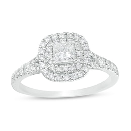 Previously Owned - 0.70 CT. T.W.  Princess-Cut Diamond Double Frame Engagement Ring in 14K White Gold (I/I2)