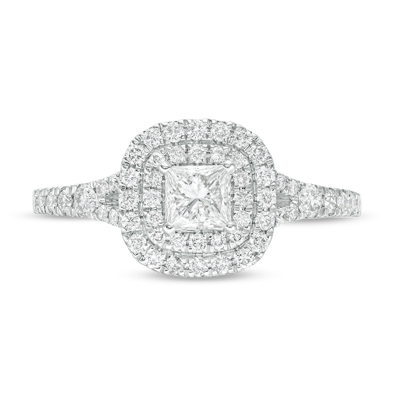 Previously Owned - 0.70 CT. T.W. Canadian Princess-Cut Diamond Double Frame Engagement Ring in 14K White Gold (I/I2)