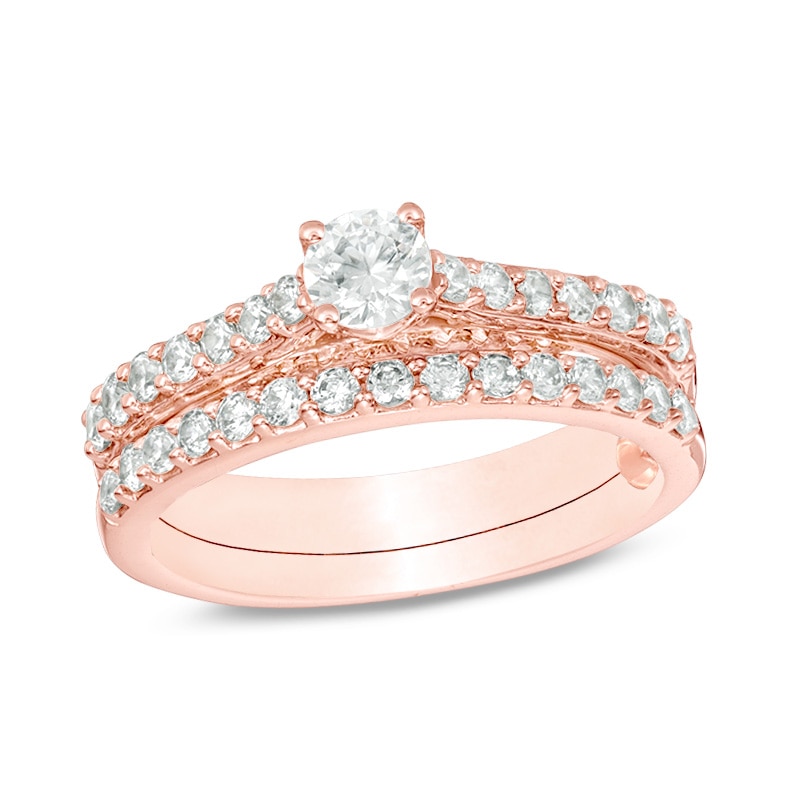Previously Owned - Perfect Fit 1.00 CT. T.W. Diamond Interlocking Bridal Set in 14K Rose Gold
