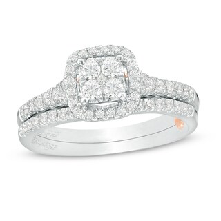 Previously Owned - Perfect Fit 0.50 CT. T.W. Quad Diamond Cushion Frame Interlocking Bridal Set in 10K Two-Tone Gold