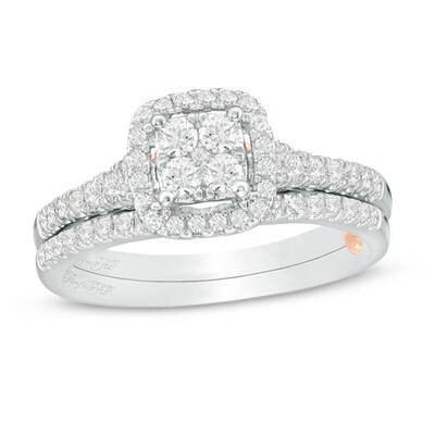 Previously Owned - Perfect Fit 0.50 CT. T.W. Quad Diamond Cushion Frame Interlocking Bridal Set in 10K Two-Tone Gold