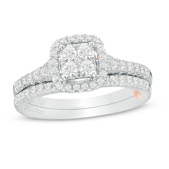 Previously Owned - Perfect Fit 0.50 CT. T.W. Quad Diamond Cushion Frame Interlocking Bridal Set in 10K Two-Tone Gold