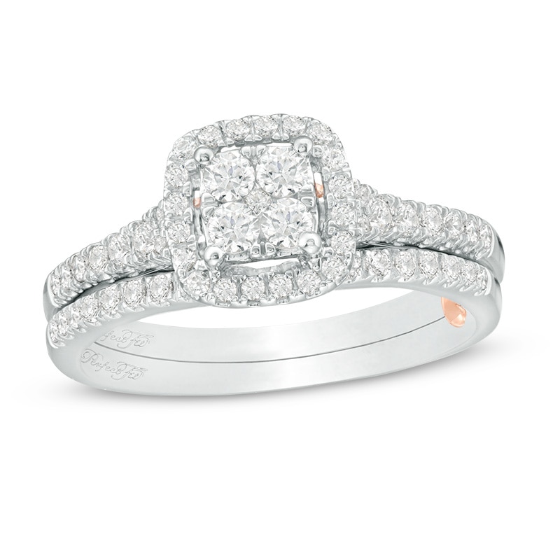 Previously Owned - Perfect Fit 0.50 CT. T.W. Quad Diamond Cushion Frame Interlocking Bridal Set in 10K Two-Tone Gold