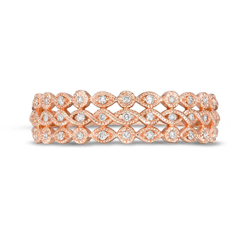 Previously Owned - 0.065 CT. T.W. Diamond Triple Row Vintage-Style Art Deco Ring in 10K Rose Gold
