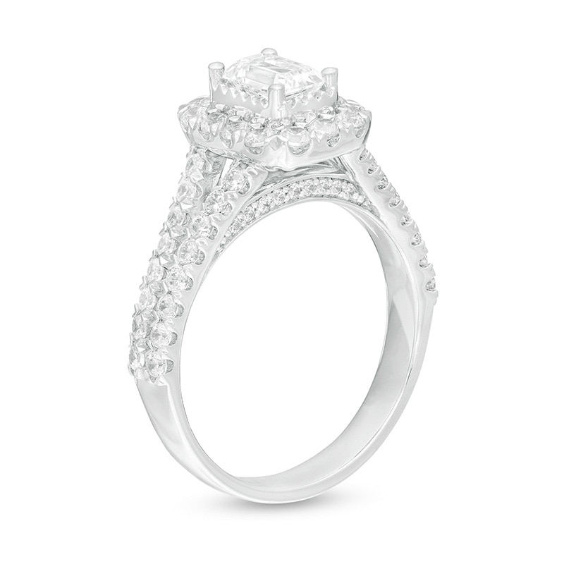 Previously Owned - 1.75 CT. T.W. Emerald-Cut Lab-Grown Diamond Frame Split Shank Engagement Ring in 14K White Gold