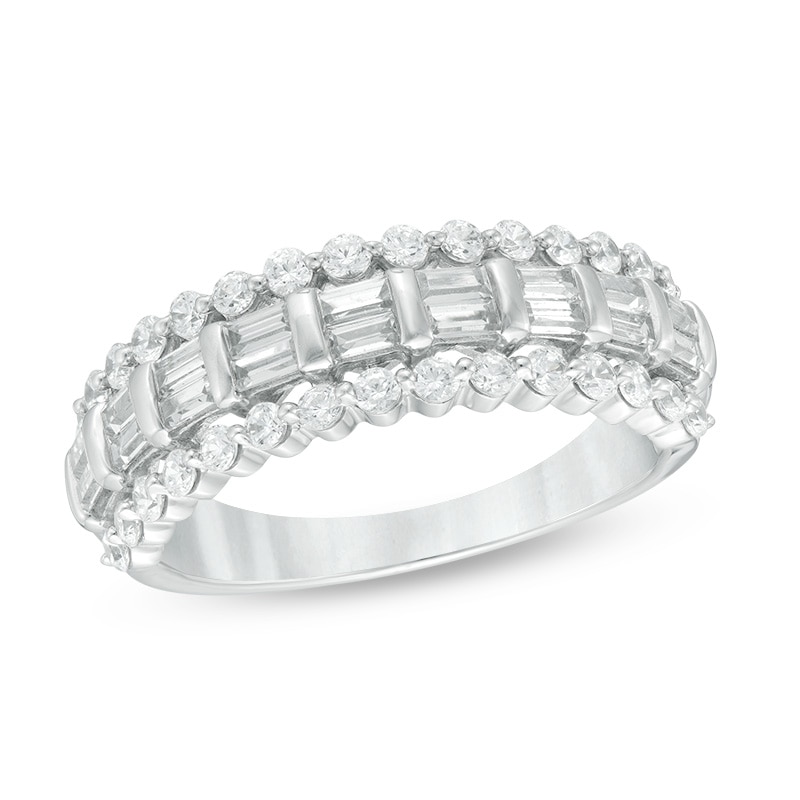 Previously Owned - 1.00 CT. T.W. Baguette and Round Diamond Ladder Anniversary Band in 10K White Gold