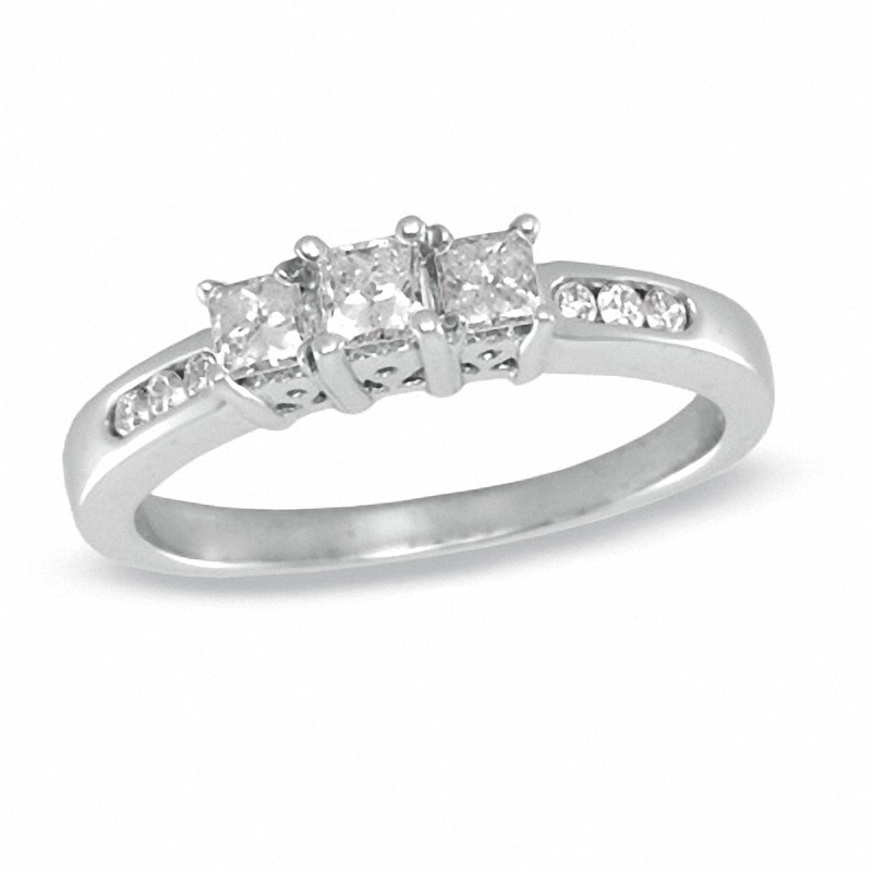 Previously Owned - 0.50 CT. T.W. Princess-Cut Diamond Three Stone Past Present Future Ring in 14K White Gold