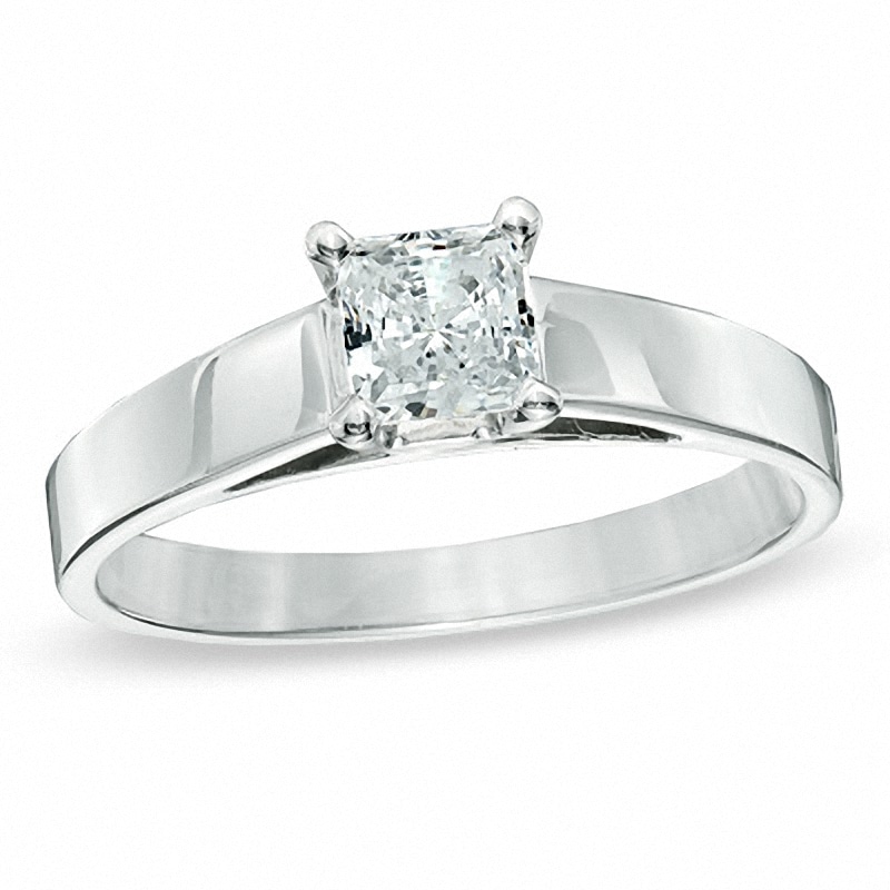 Previously Owned - 0.50 CT. Princess-Cut Diamond Solitaire Crown Royal Engagement Ring in 14K White Gold (J/I2)