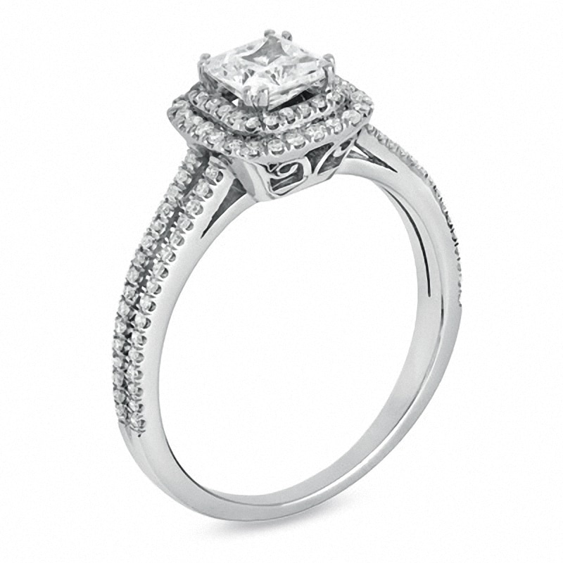 Previously Owned - 1.20 CT. T.W. Princess-Cut Diamond Framed Engagement Ring in 14K White Gold