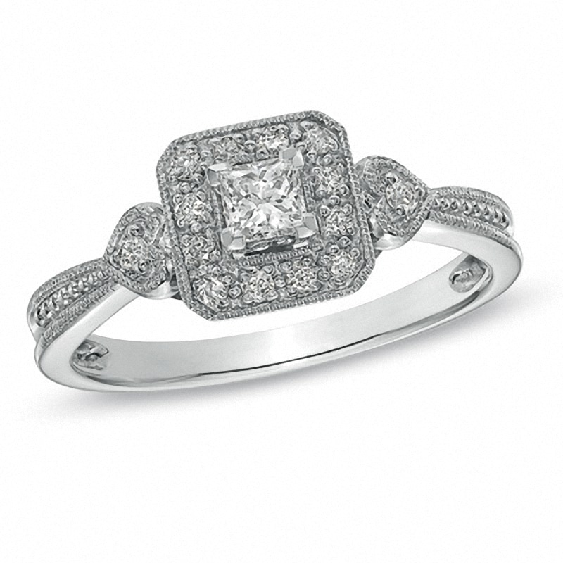 Previously Owned - 0.33 CT. T.W. Princess-Cut Diamond Framed Milgrain Engagement Ring in 14K White Gold