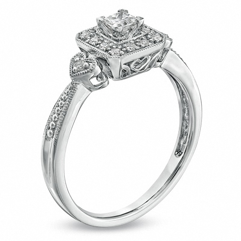 Previously Owned - 0.33 CT. T.W. Princess-Cut Diamond Framed Milgrain Engagement Ring in 14K White Gold