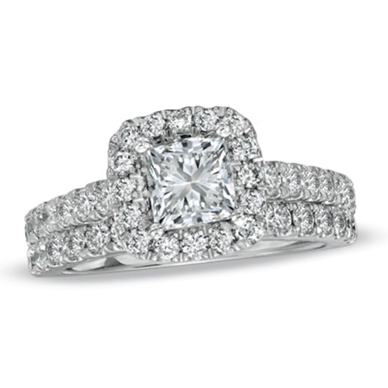 Previously Owned - Vera Wang Love Collection 1.95 CT. T.W. Princess-Cut Diamond Frame Bridal Set in 14K White Gold