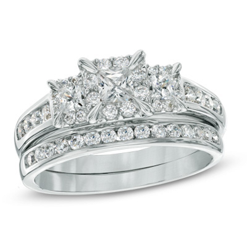 Previously Owned - 1.00 CT. T.W. Princess-Cut Diamond Past Present Future® Bridal Set in 14K White Gold