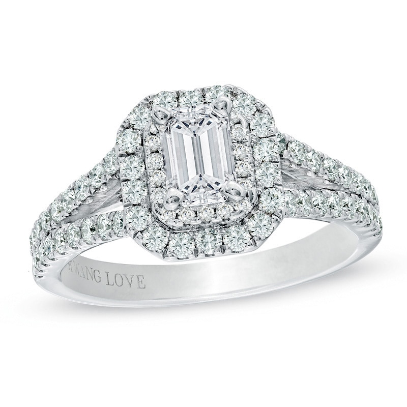 Previously Owned - Vera Wang Love Collection 1.29 CT. T.W. Emerald-Cut Diamond Frame Engagement Ring in 14K White Gold