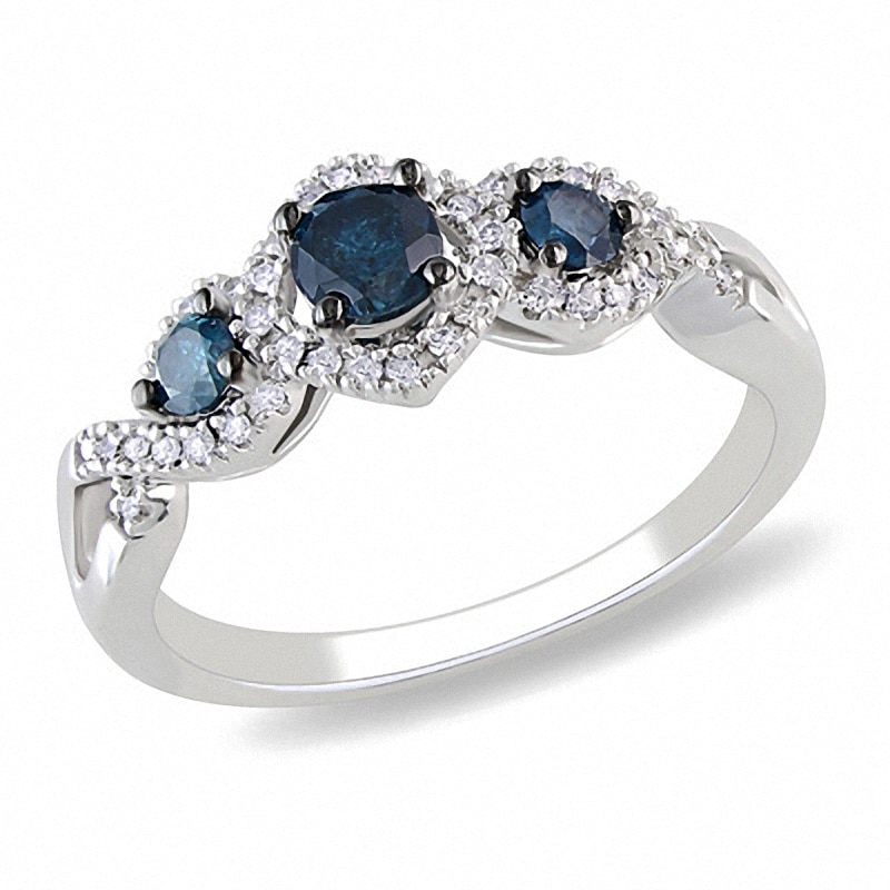 Previously Owned - 0.50 CT. T.W. Enhanced Blue and White Diamond Frame Three Stone Ring in 14K White Gold