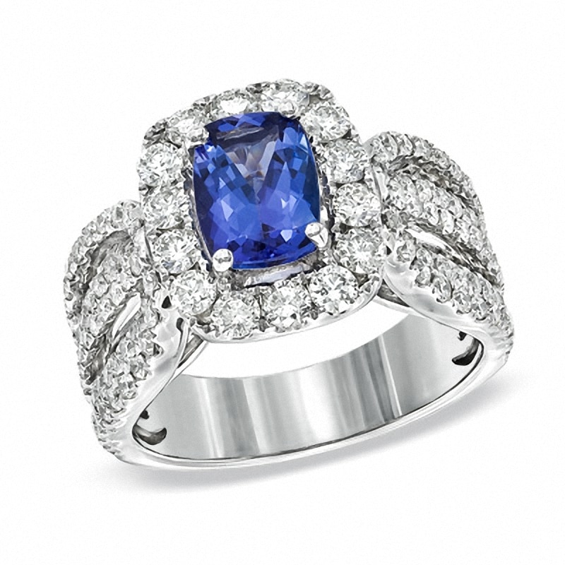 Previously Owned - Cushion-Cut Tanzanite and 1.70 CT. T.W. Diamond Engagement Ring in 14K White Gold