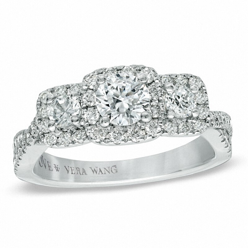 Main Image 1 of Previously Owned - Vera Wang Love Collection 0.95 CT. T.W. Diamond Three Stone Twist Engagement Ring in 14K White Gold