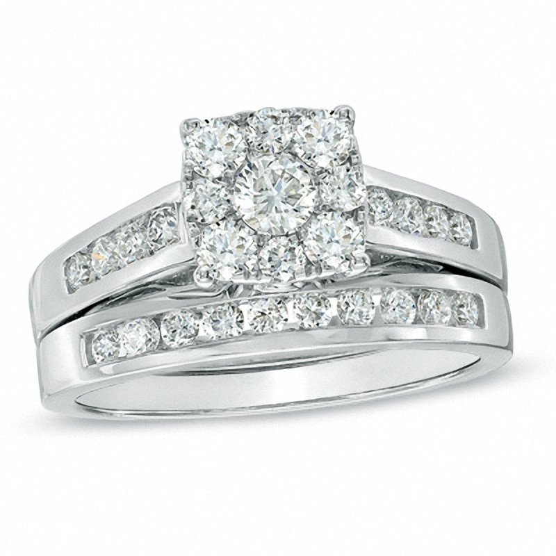 Previously Owned - 0.95 CT. T.W. Diamond Square Cluster Bridal Set in 14K White Gold