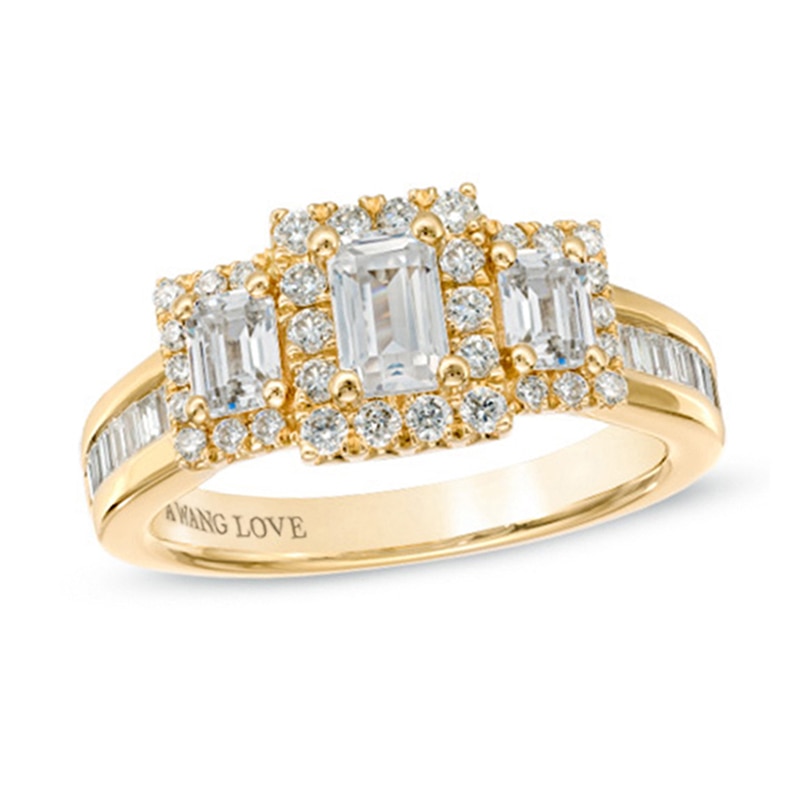 Previously Owned - Vera Wang Love Collection 1.45 CT. T.W. Emerald-Cut Diamond Three Stone Ring in 14K Gold