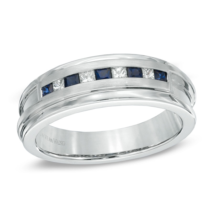 Previously Owned - Vera Wang Love Collection Men's Square Blue Sapphire and 0.18 CT. T.W. Diamond Band in 14K White Gold