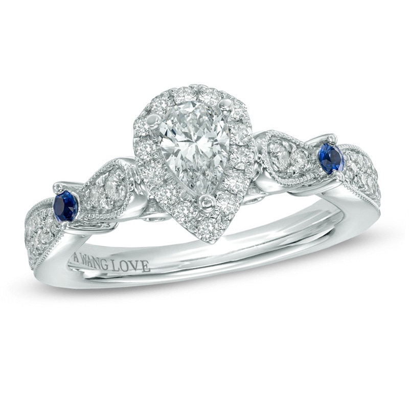 Previously Owned - Vera Wang Love Collection 0.58 CT. T.W. Pear-Shaped Diamond and Blue Sapphire Ring in 14K White Gold|Peoples Jewellers