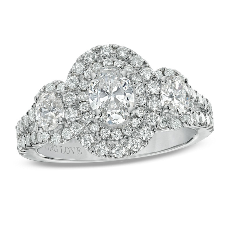 Previously Owned - Vera Wang Love Collection 1.45 CT. T.W. Oval Diamond Three Stone Engagement Ring in 14K White Gold