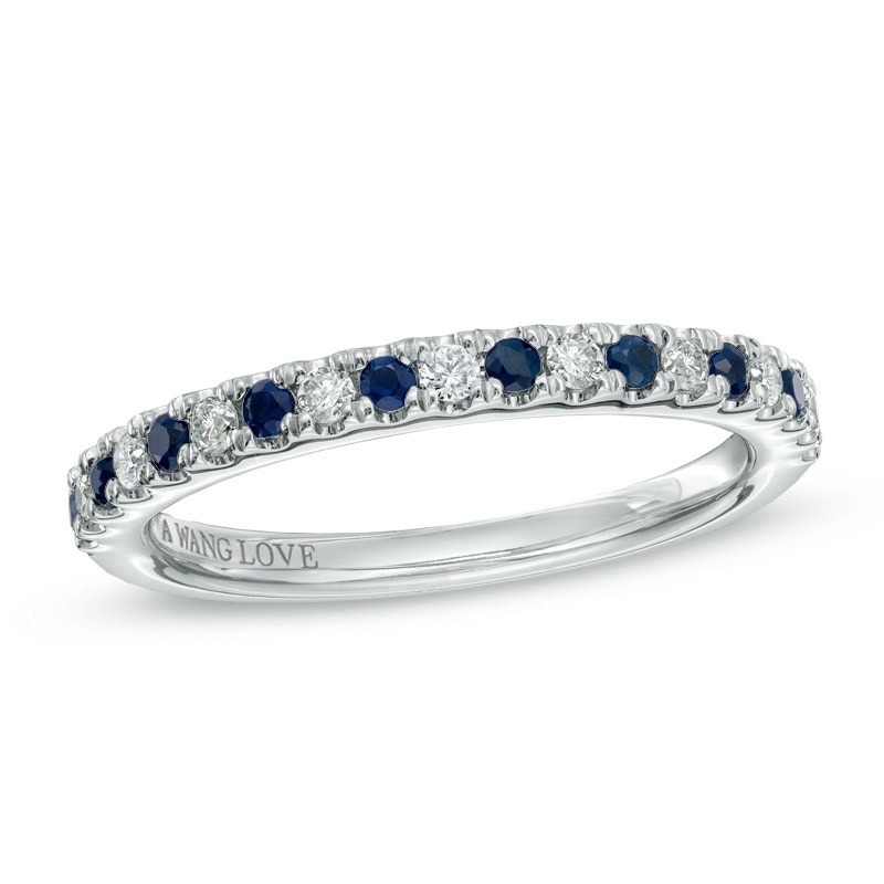 Previously Owned Vera Wang Love Collection 0.14 CT. T.W. Diamond and Blue Sapphire Band in 14K White Gold